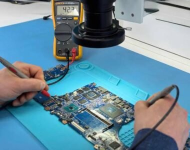 Chip-level laptop motherboard diagnostic and soldering repair setup at service center